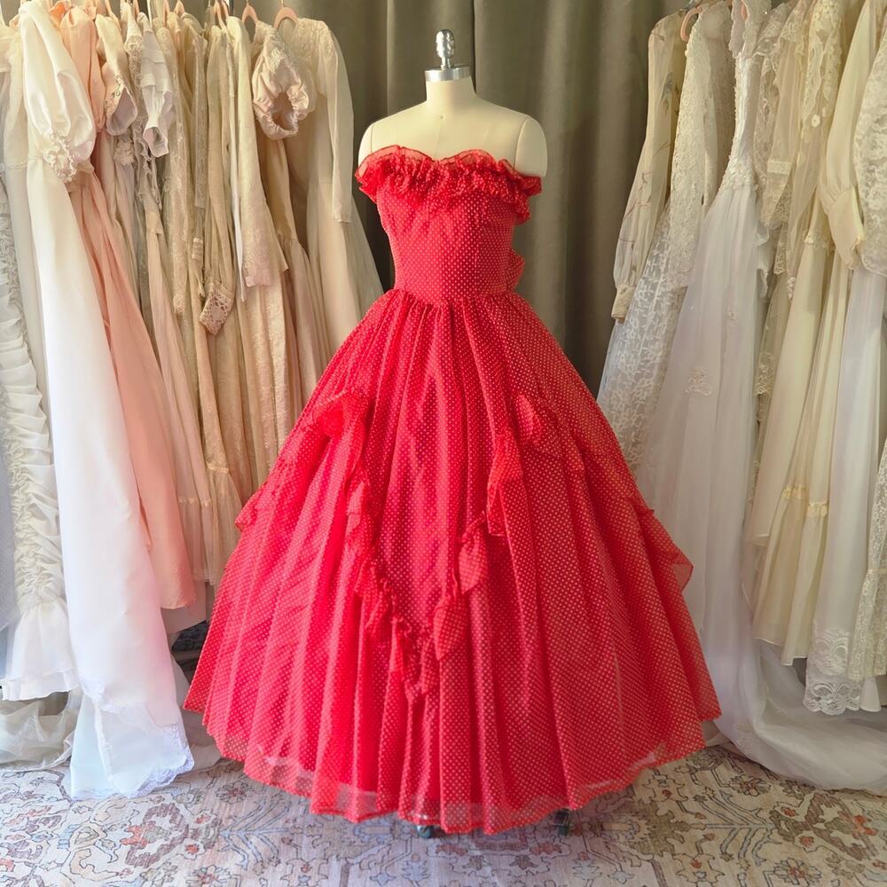 Gunne Sax Red Maxi Dress Size S 9 Swiss Dot Strapless Ruffle Prom Vintage 80s